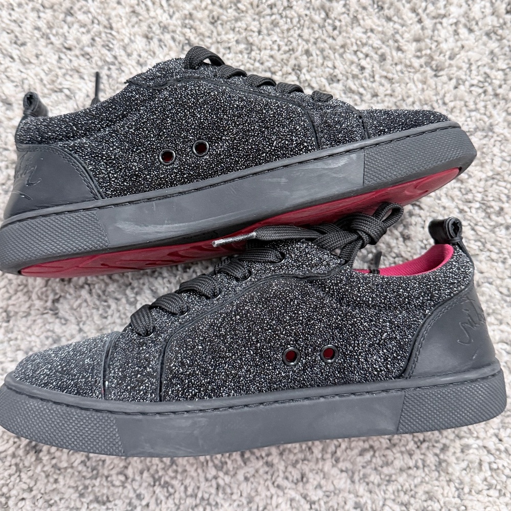 Christian Louboutin Black Glitter Low Top Sneakers Red Bottoms Size 35 (4-4.5)